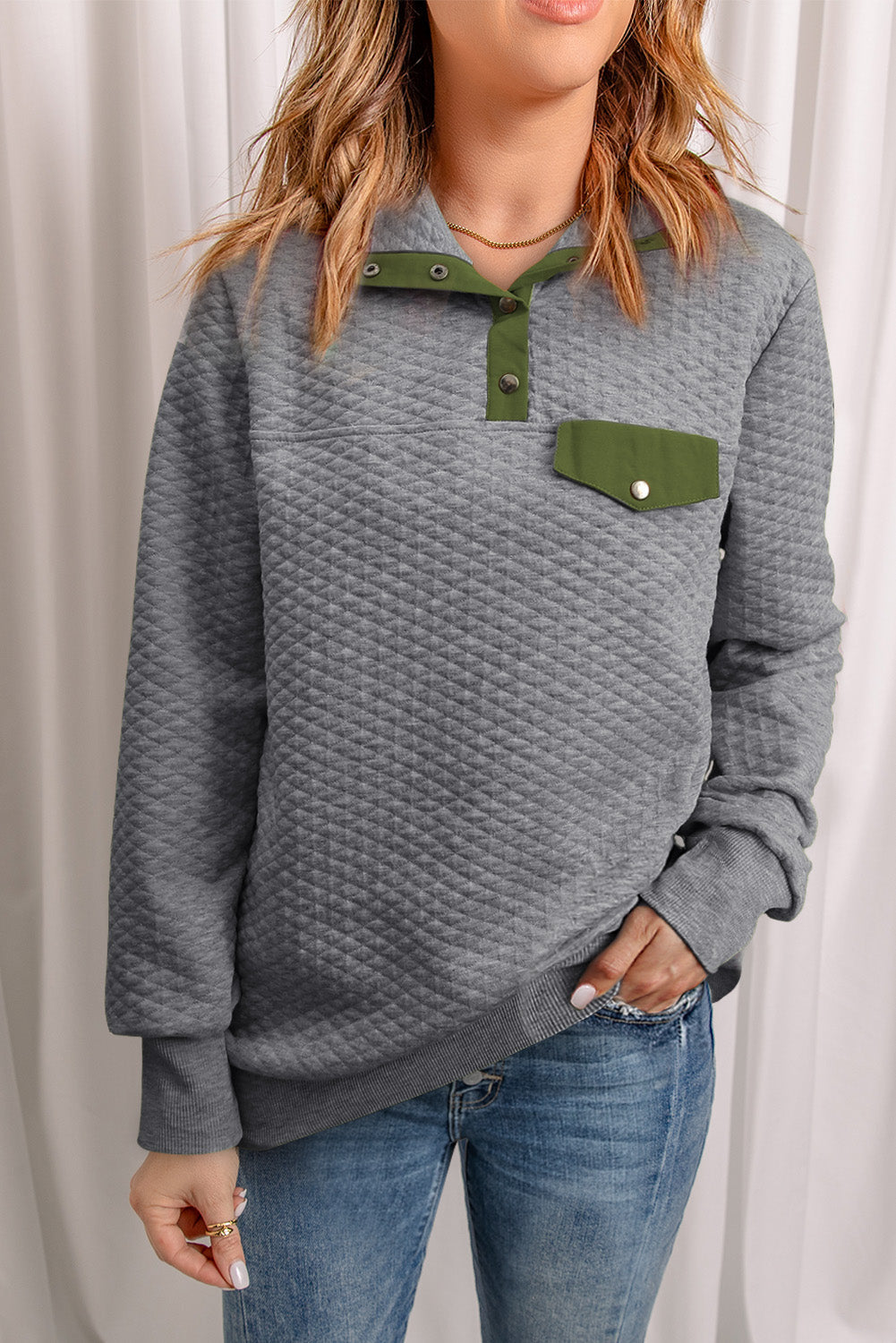 Everleigh Quilted Snap Neck Sweatshirt - Threaded Pear