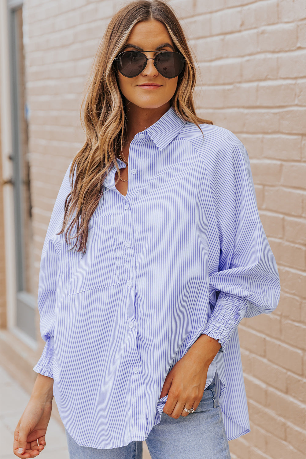 Skye Smocked Cuffed Striped Boyfriend Shirt with Pocket - Threaded Pear