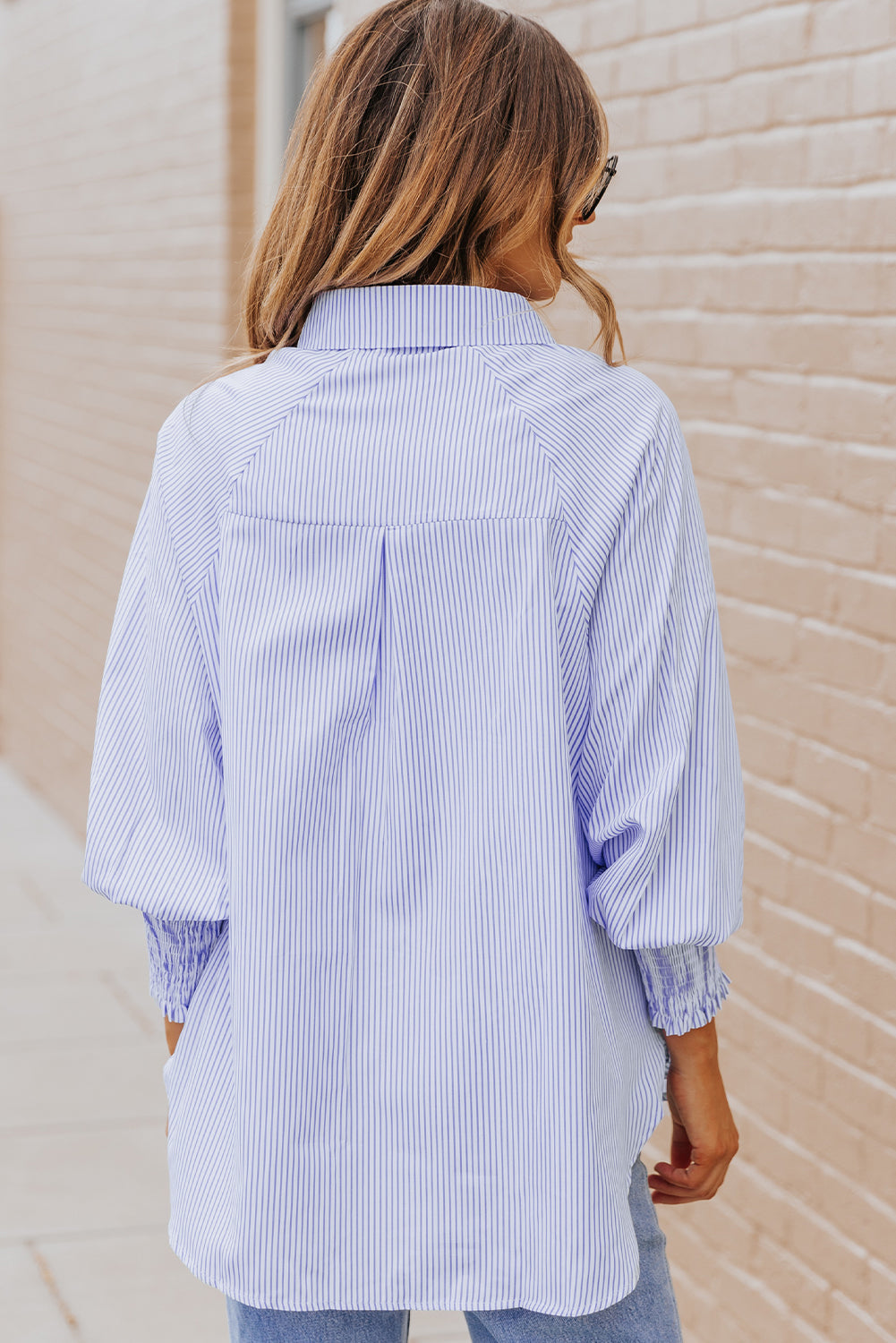 Skye Smocked Cuffed Striped Boyfriend Shirt with Pocket - Threaded Pear