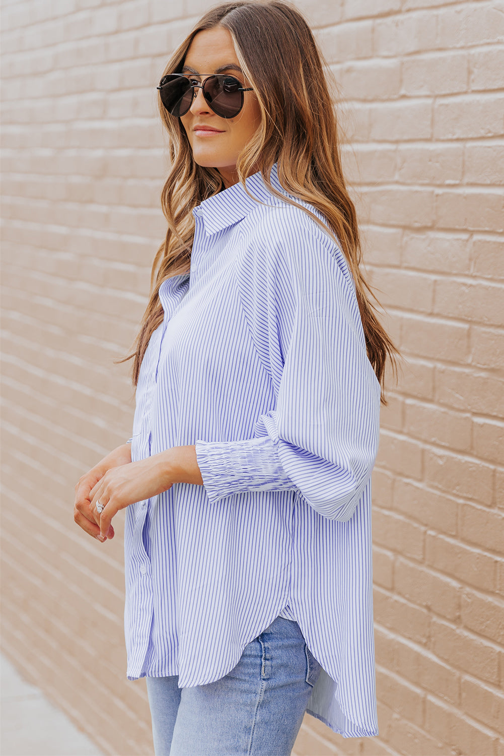 Skye Smocked Cuffed Striped Boyfriend Shirt with Pocket - Threaded Pear