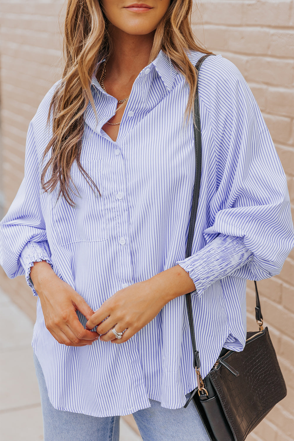 Skye Smocked Cuffed Striped Boyfriend Shirt with Pocket - Threaded Pear