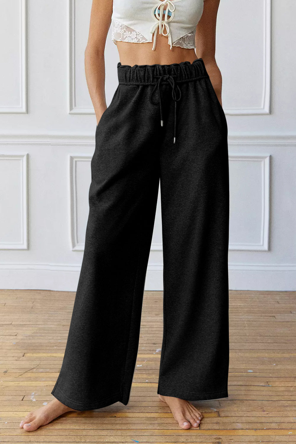 Greta Elastic High Waist Drawstring Sweatpants - Threaded Pear