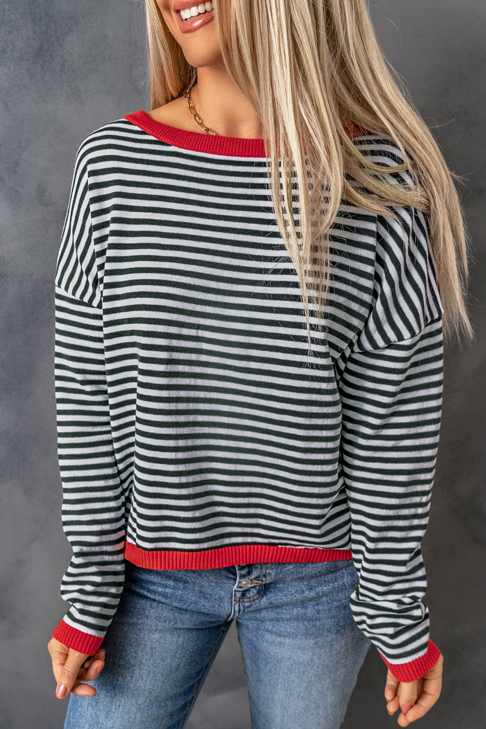Madelynn Striped Drop Shoulder Sweater - Threaded Pear