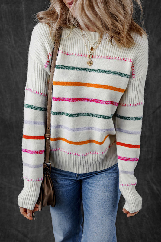 Sophia Striped Ribbed Trim Sweater - Threaded Pear