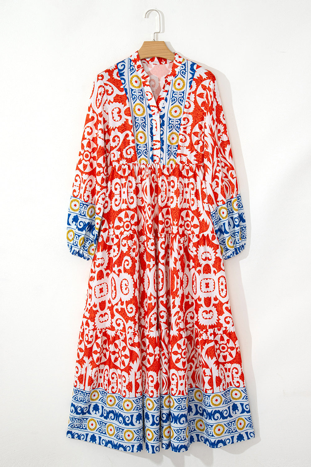 Lenora Boho Geometric Printed Long Sleeve Maxi Dress - Threaded Pear