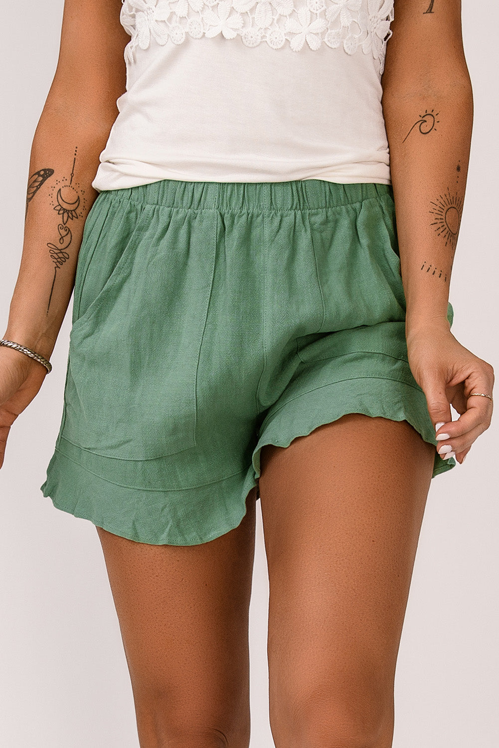 Katie High Waist Pocketed Ruffle Shorts - Threaded Pear