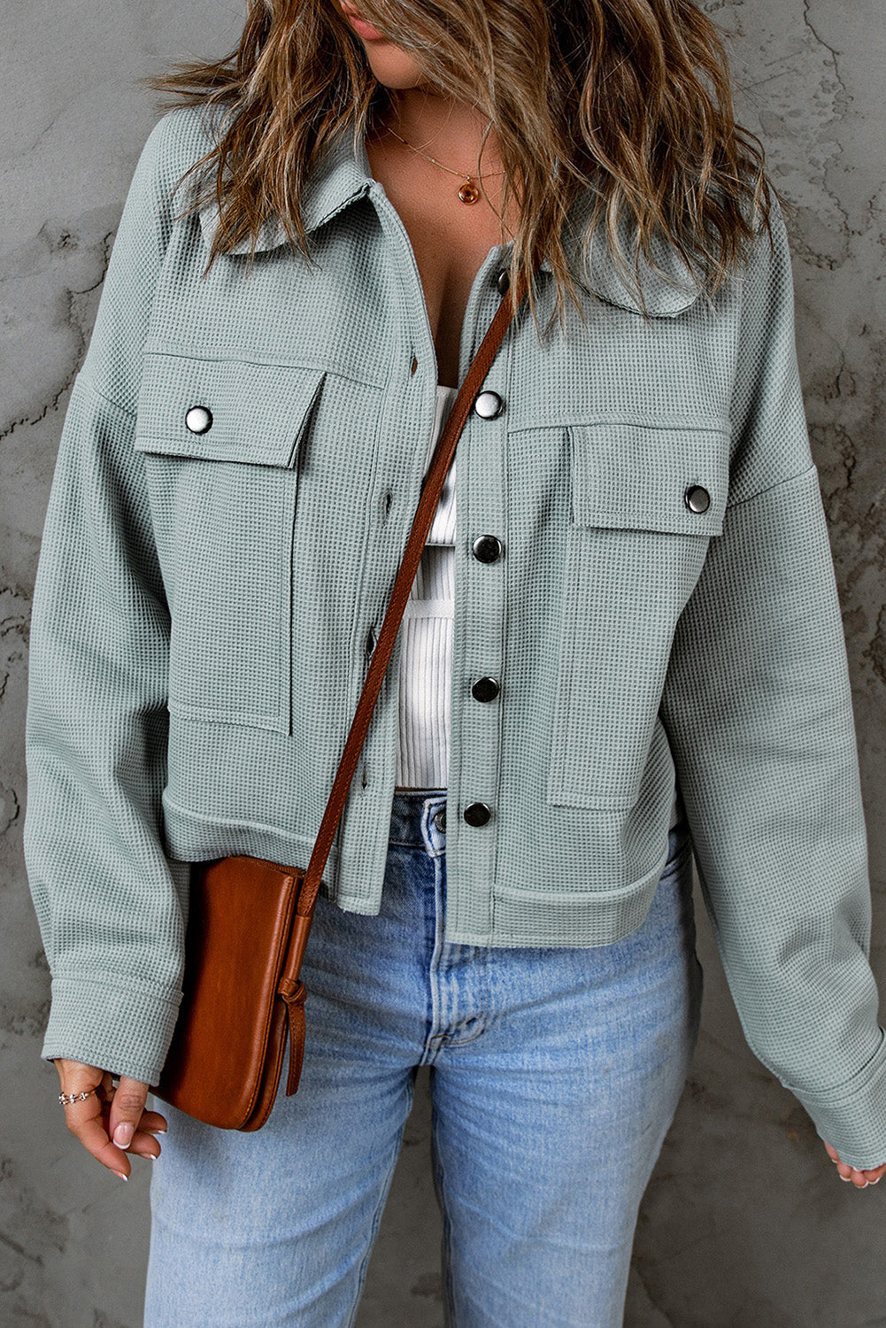 Amaris Waffle Knit Buttons Cropped Jacket - Threaded Pear