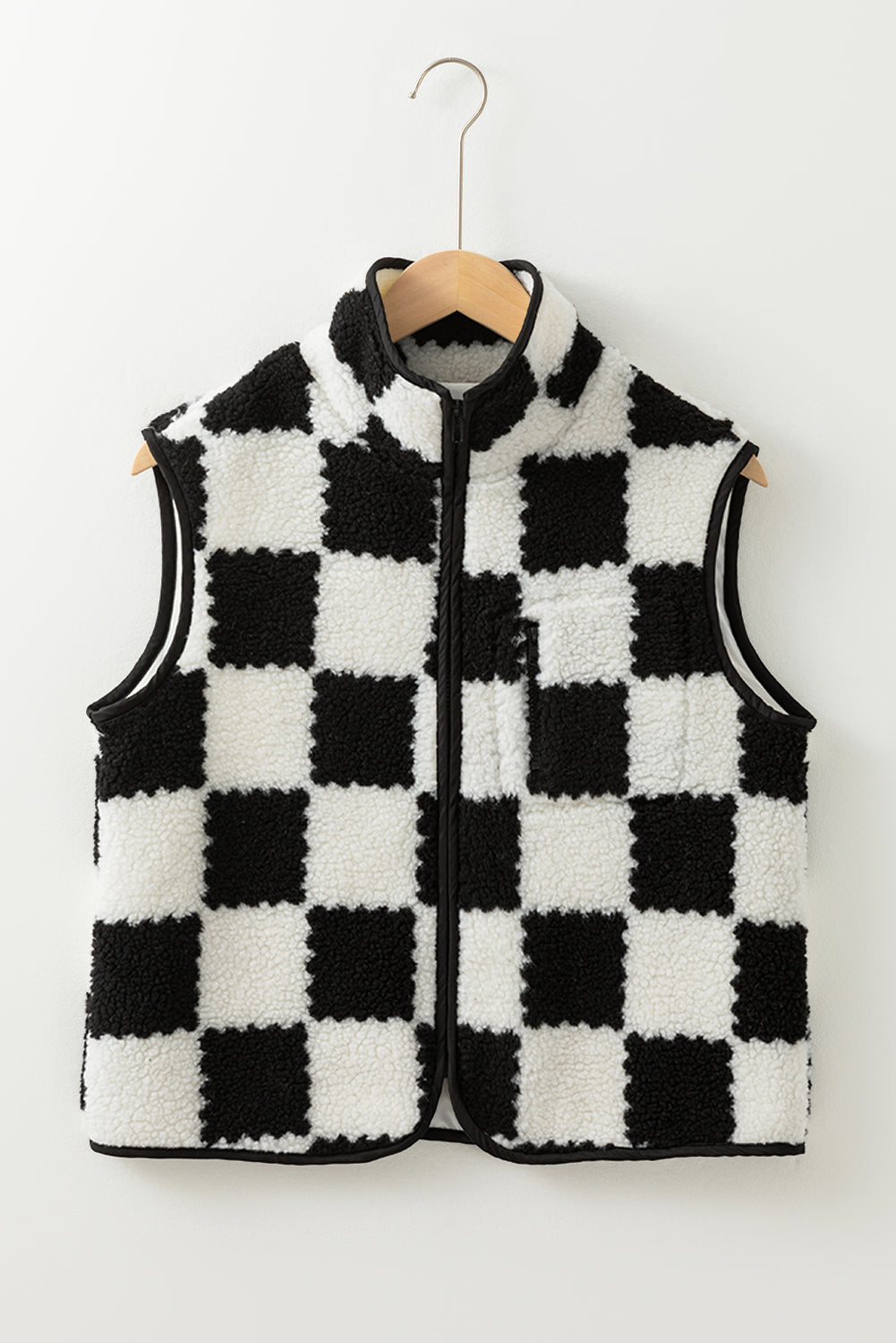 Mindi Checkered Sherpa Collared Jacket Vest - Threaded Pear