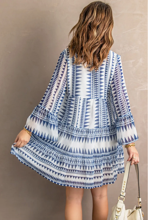 Ayleen V neck Flare Half Sleeve Ruffle Swing Mini Dress - Threaded Pear