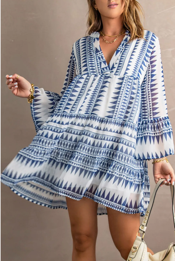 Ayleen V neck Flare Half Sleeve Ruffle Swing Mini Dress - Threaded Pear