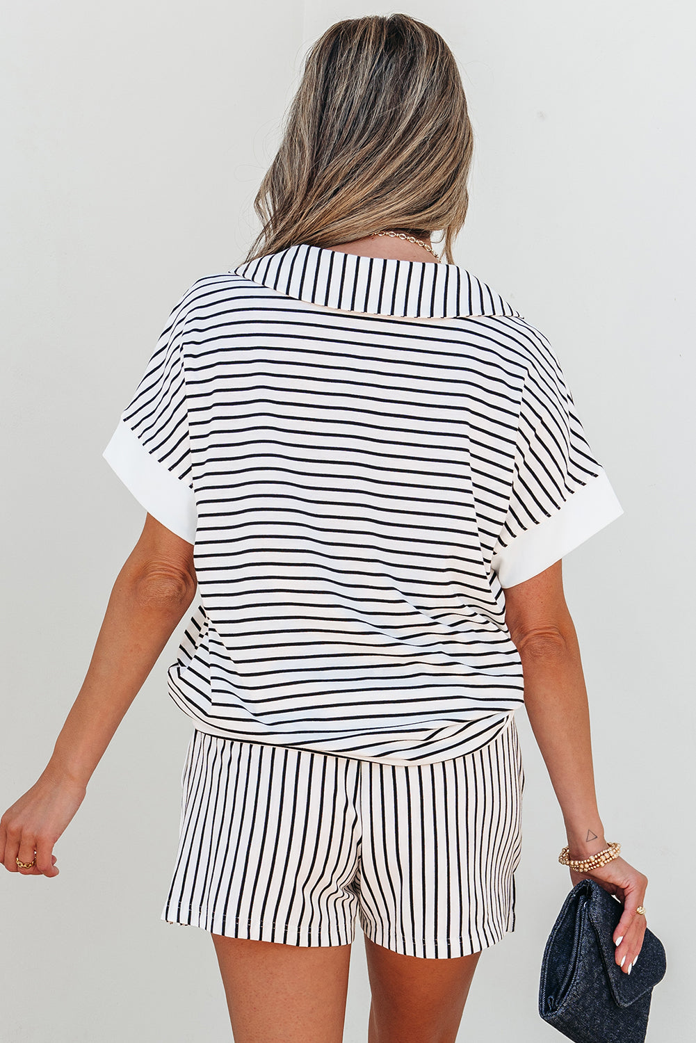 Chloe Stripe V Neck Tee Short Set - Threaded Pear