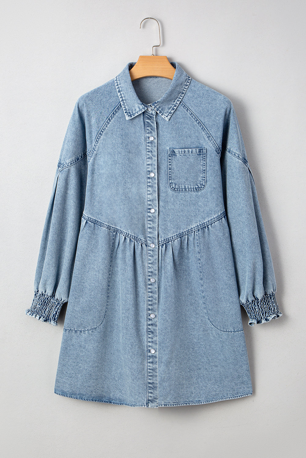 Molly Smocked Cuffs Flared Denim Shirt Mini Dress - Threaded Pear