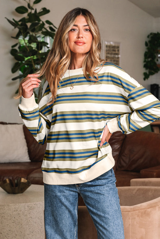 Rose Stripe Crew Neck Pullover Sweatshirt - Threaded Pear