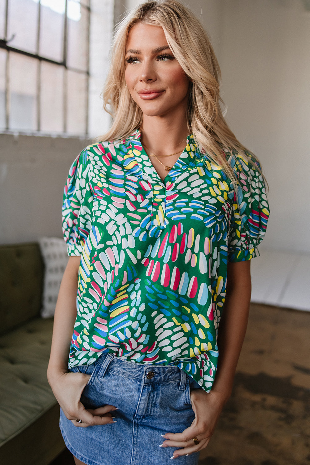 Ellianna Geometric Puff Sleeve Blouse - Threaded Pear