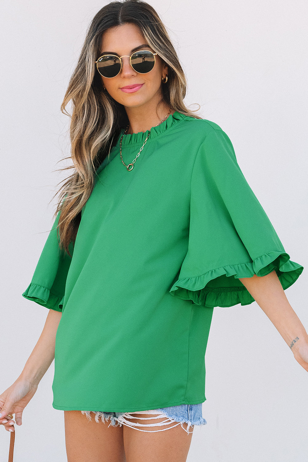Holland Frilly Half Sleeve Blouse - Threaded Pear