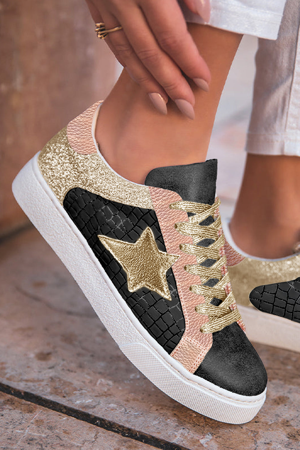 Clare Gold Glitter Star Lace-up Sneakers - Threaded Pear