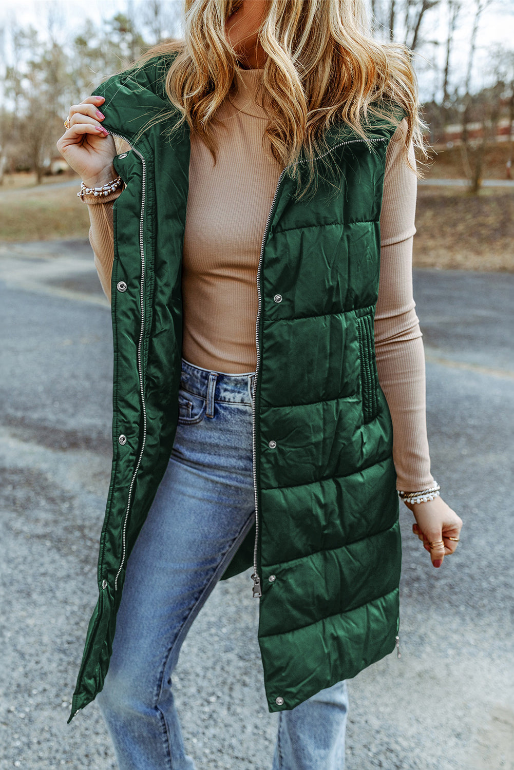 Black Hooded Long Quilted Vest PLUS Coat