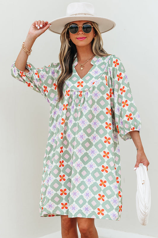 Reagan Floral Print 3/4 Sleeve Notched Neck Mini Dress - Threaded Pear