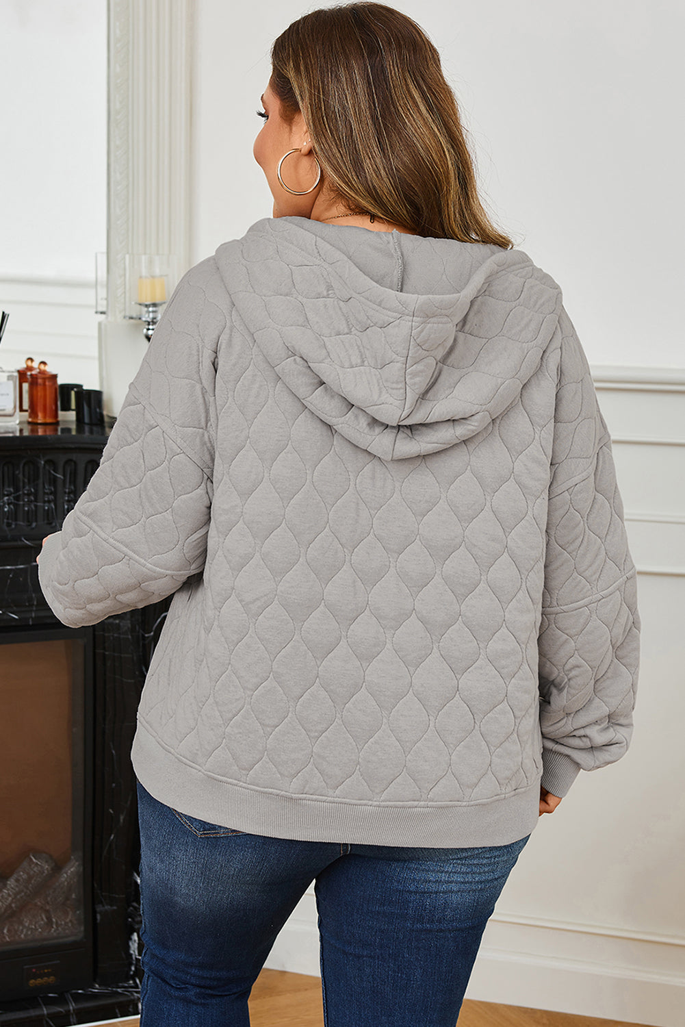 Gray Quilted Quarter Zip Plus Size Hoodie - Threaded Pear