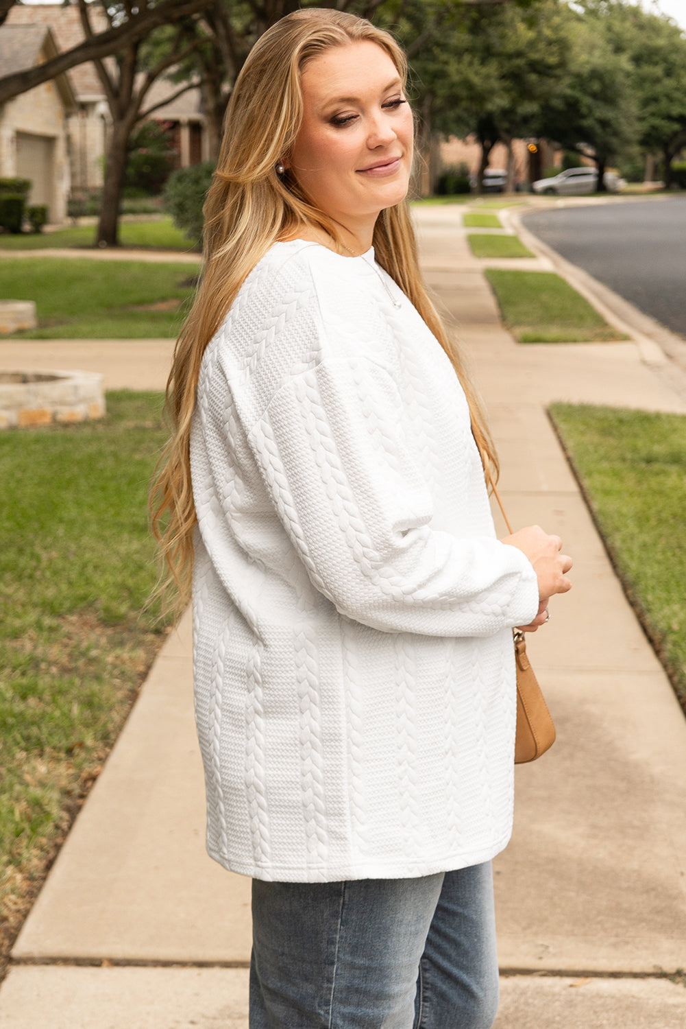 White Cable Textured Loose Plus Size Sweatshirt - Threaded Pear