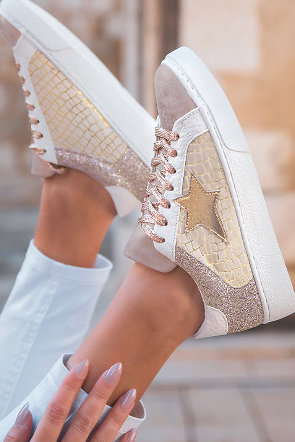 Clare Gold Glitter Star Lace-up Sneakers - Threaded Pear