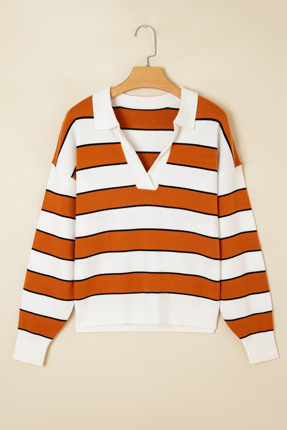 Valeria Stripe Ribbed Polo Collar Drop Shoulder Sweater - Threaded Pear