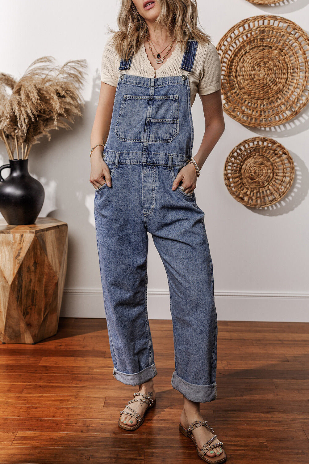 Piper Denim Straight Leg Jumpsuit with Pockets - Threaded Pear
