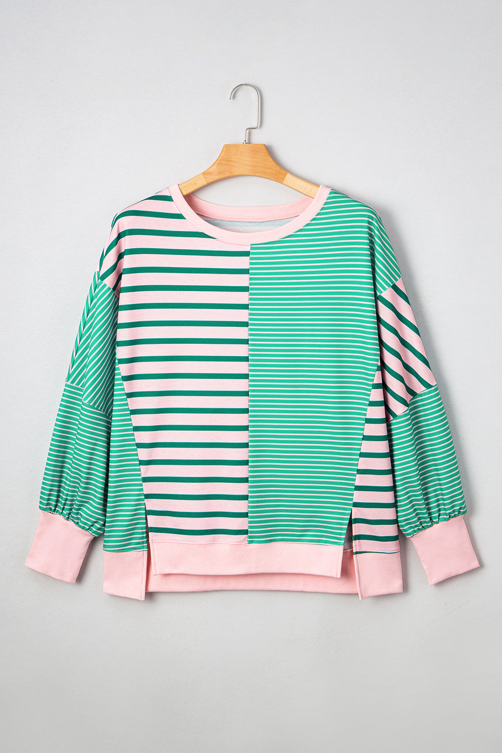 Green Stripe Color Block Exposed Seam Side Slit Plus Size Sweatshirt - Threaded Pear
