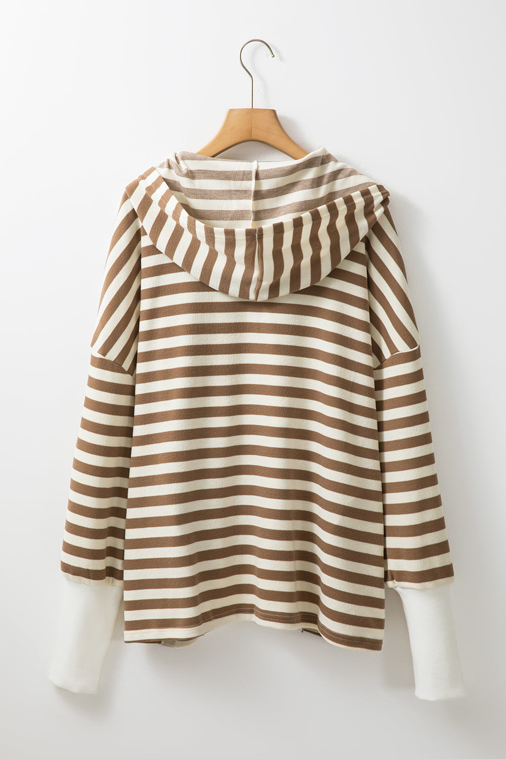 Brown Stripe Quarter Buttons Drop Sleeve Plus Size Hoodie - Threaded Pear