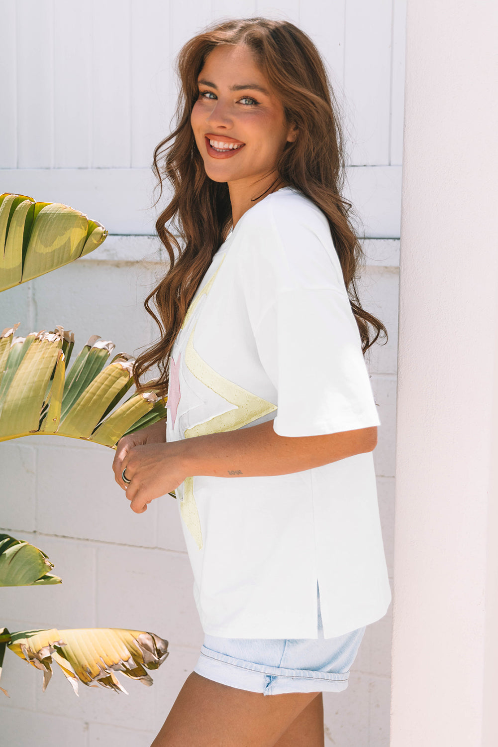 Lisa Layered Star Patched Half Sleeve Loose Top - Threaded Pear