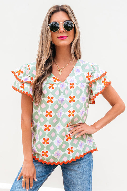 Belen Floral Layered Flutter Sleeve Rac Trim Blouse - Threaded Pear