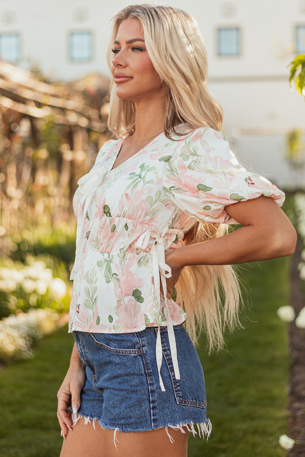 Alaiya Floral Puff Sleeve V Neck Tied Front Peplum Blouse - Threaded Pear