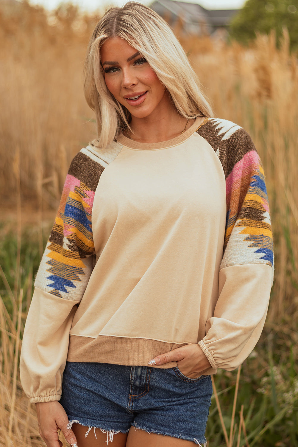 Logan Aztec Patchwork Raglan Pullover Sweatshirt - Threaded Pear