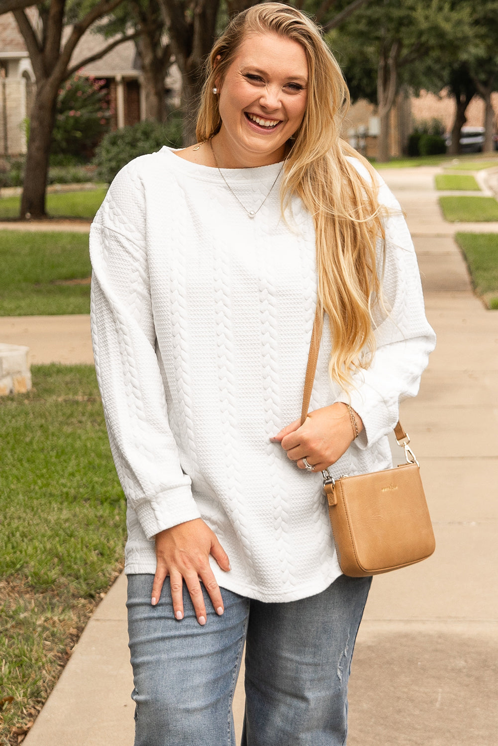 White Cable Textured Loose Plus Size Sweatshirt - Threaded Pear