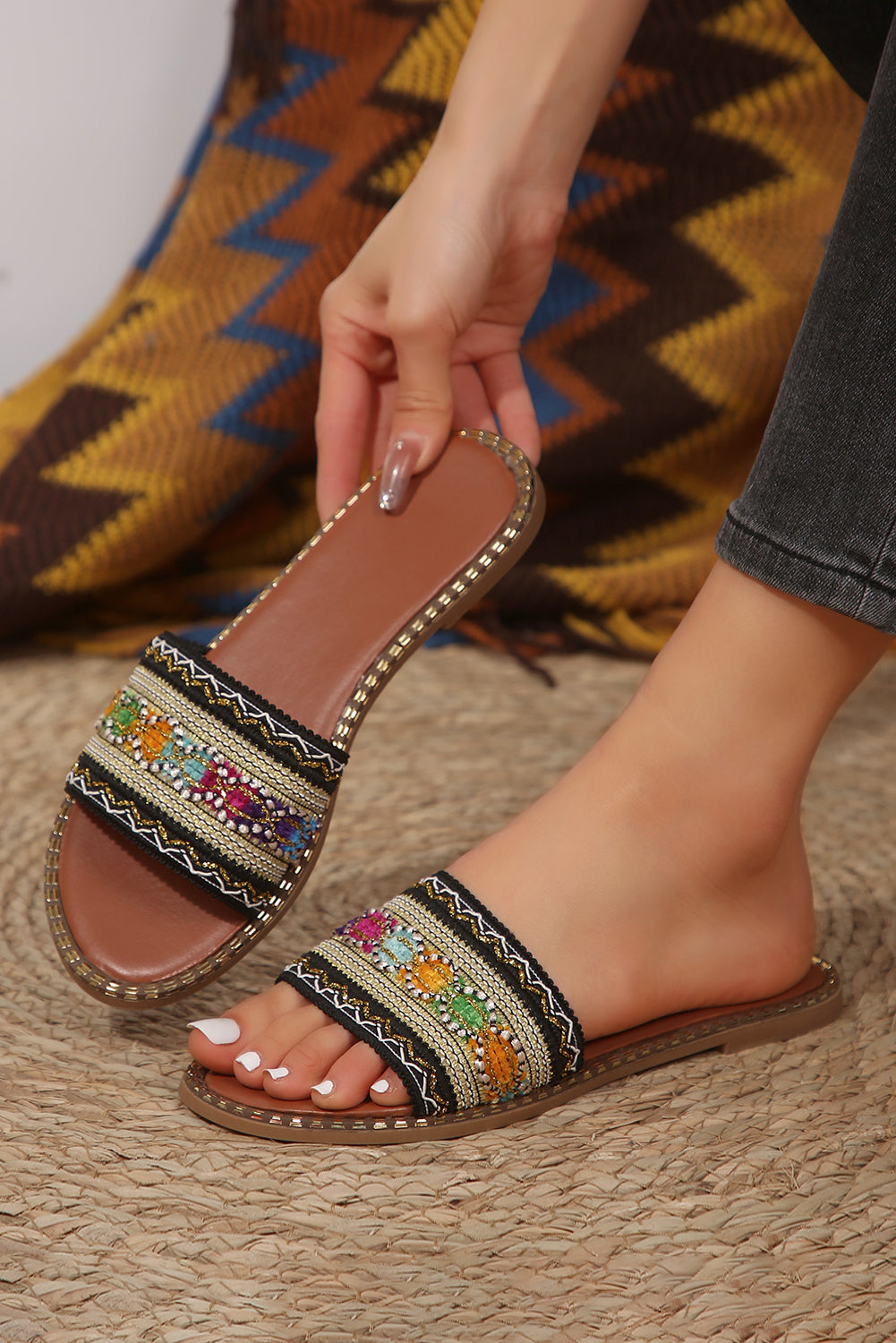 Quincy Bohemian Pattern Crochet Slippers - Threaded Pear