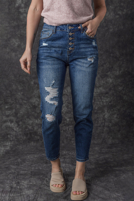 Bailee Distressed Button Fly High Waist Jeans - Threaded Pear