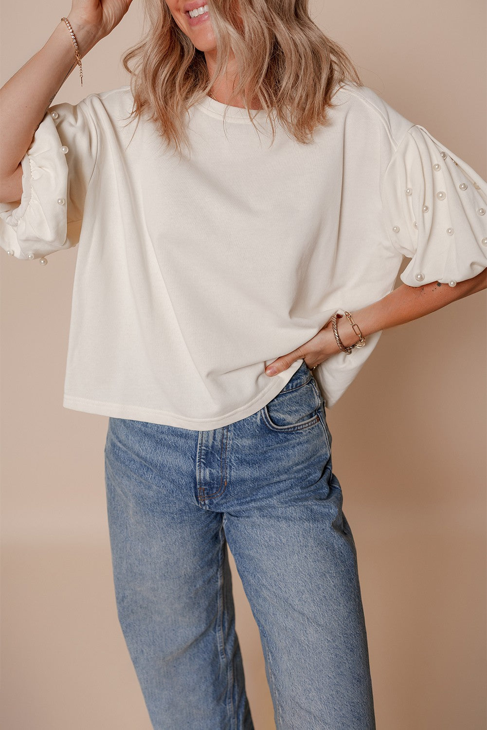 Sylvia Pearled Puff Sleeve Loose Top - Threaded Pear