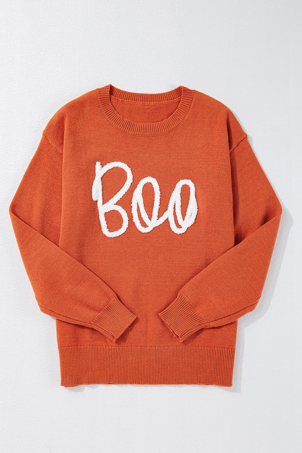 Boo Knitted Pattern Ribbed Edge Sweater - Threaded Pear