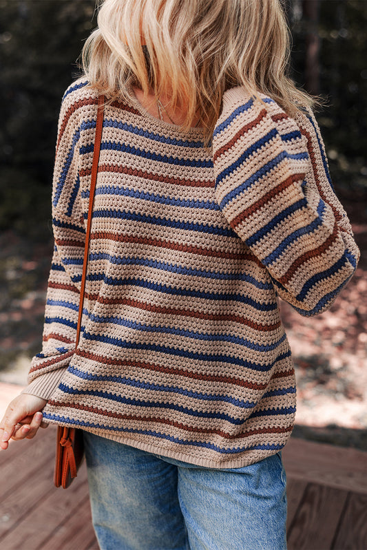 Emery Striped Knitted Drop Shoulder Round Neck Sweater - Threaded Pear