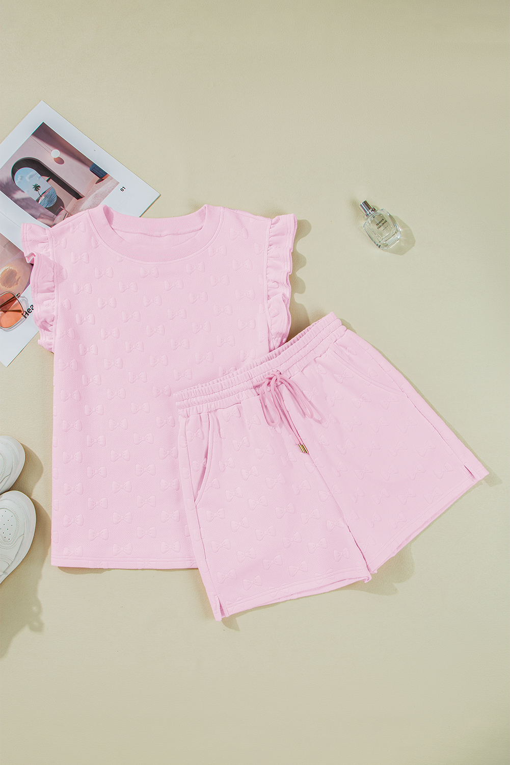 Ocean Bow Jacquard Ruffle Sleeve Short 2pcs Outfit - Threaded Pear