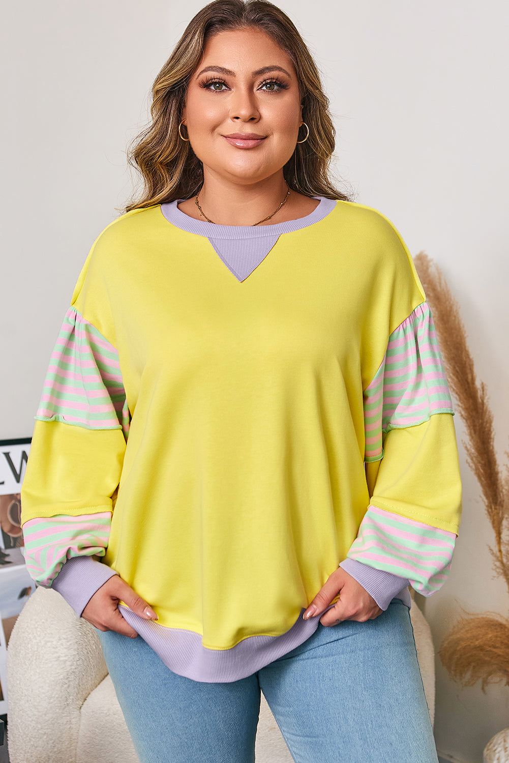 Yellow Striped Color Block Patchwork Crewneck Plus Size Pullover Sweatshirt - Threaded Pear