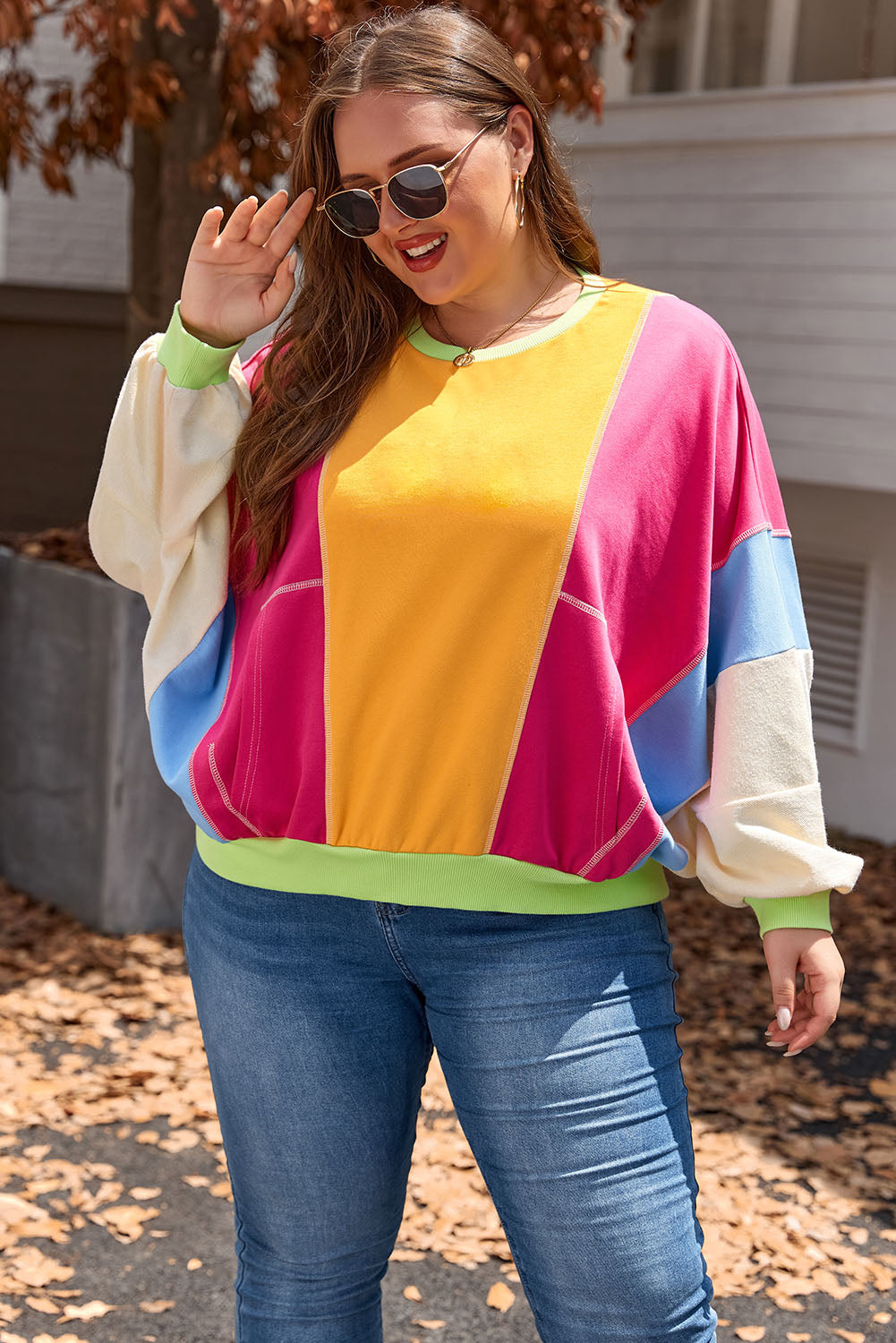 Rose Red Plus Size Colorblock Patchwork Exposed Seam Sweatshirt - Threaded Pear