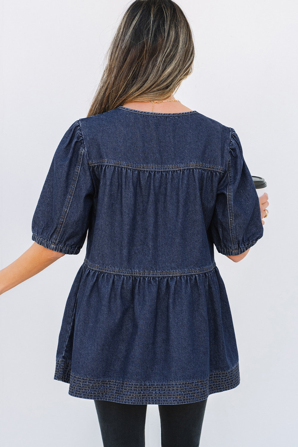 Gracelyn Puff Sleeve Lace-up Neckline Denim Blouse - Threaded Pear