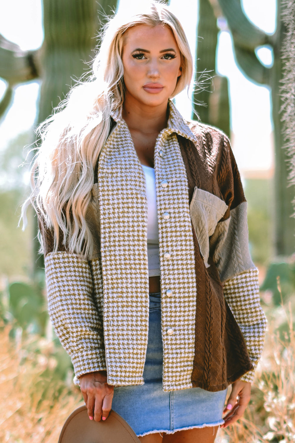 Luna Houndstooth Loose Shacket - Threaded Pear