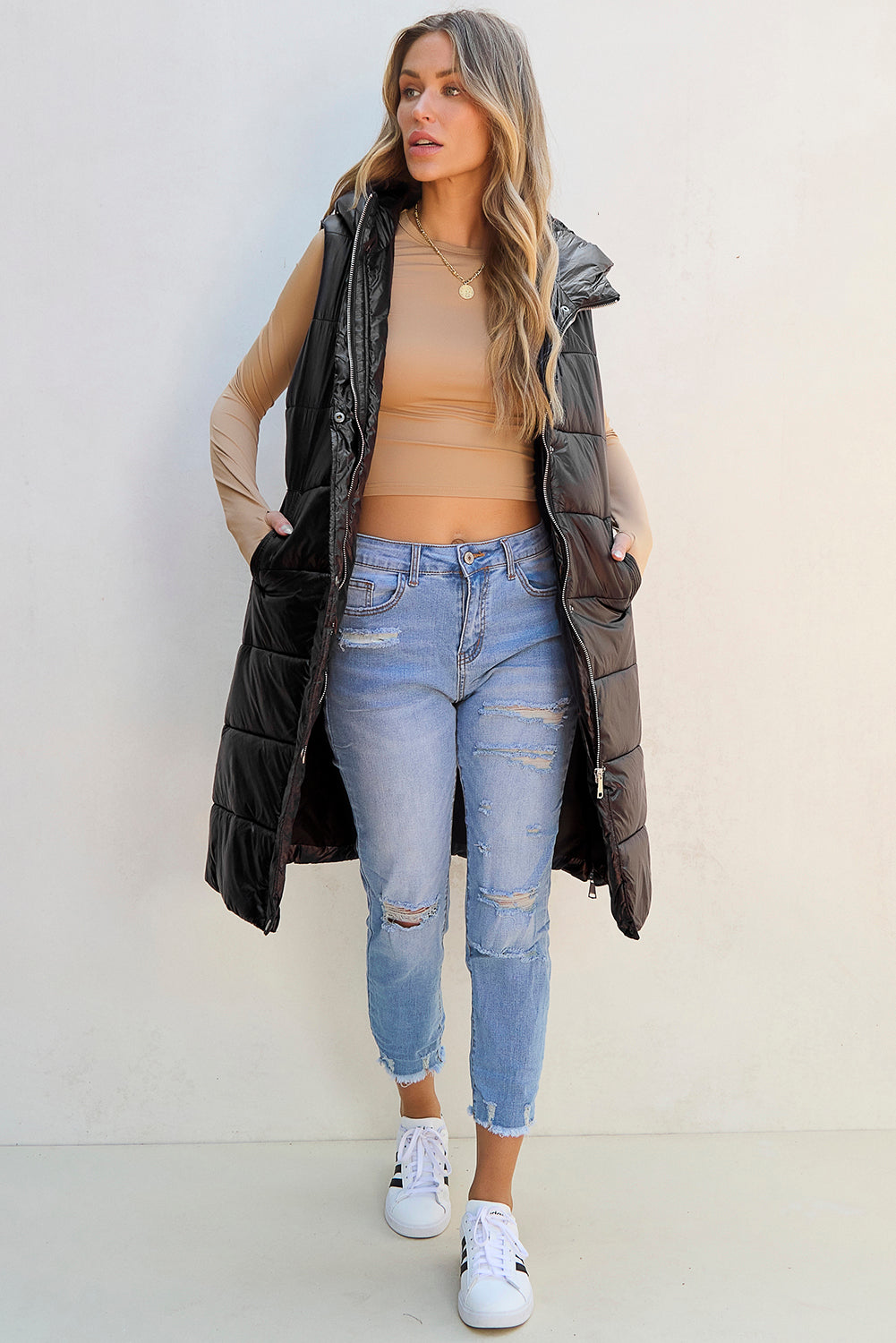 Black Hooded Long Quilted Vest PLUS Coat