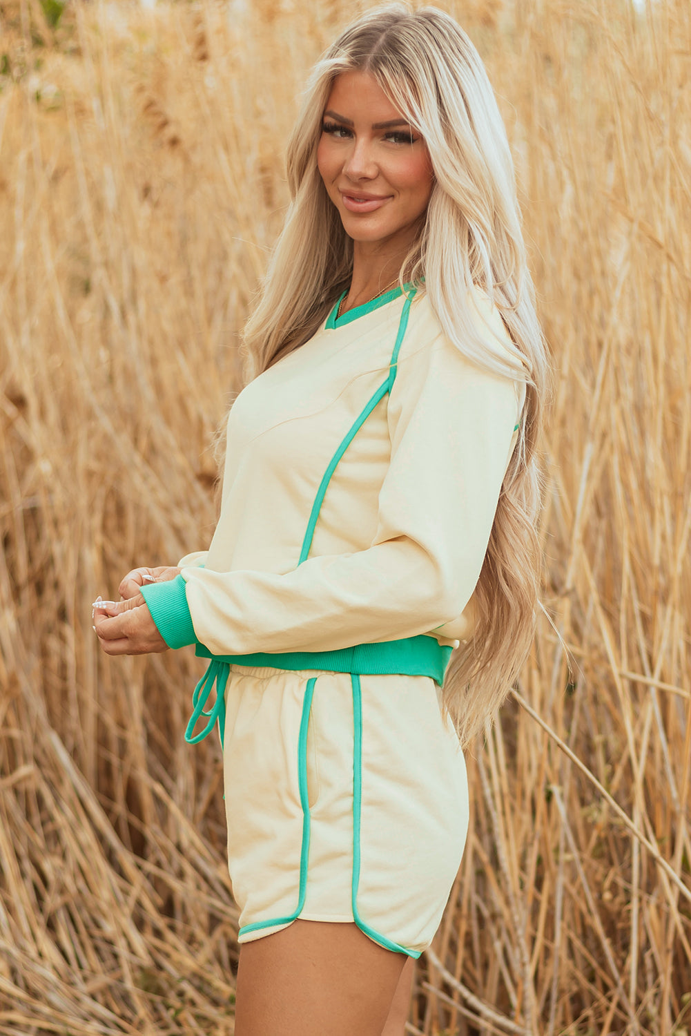 Wren Long Sleeve Pullover and Drawstring Shorts Outfit - Threaded Pear