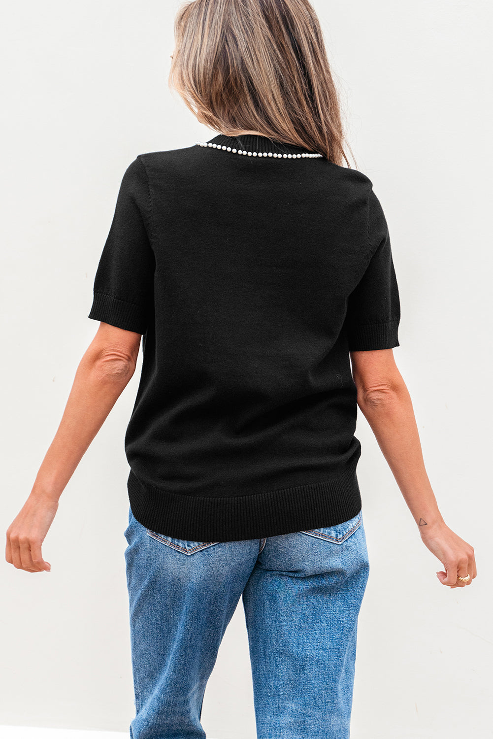 Bria Pearl Bow Short Sleeve Knitted Top - Threaded Pear