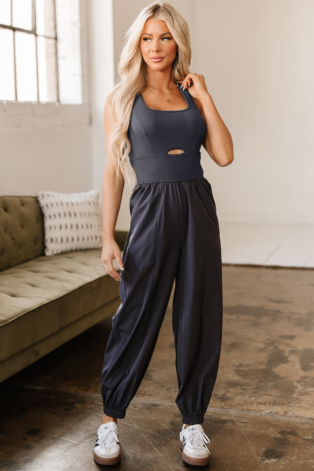 Avianna Back Crossed Straps Hollow Out Jogger Jumpsuit - Threaded Pear