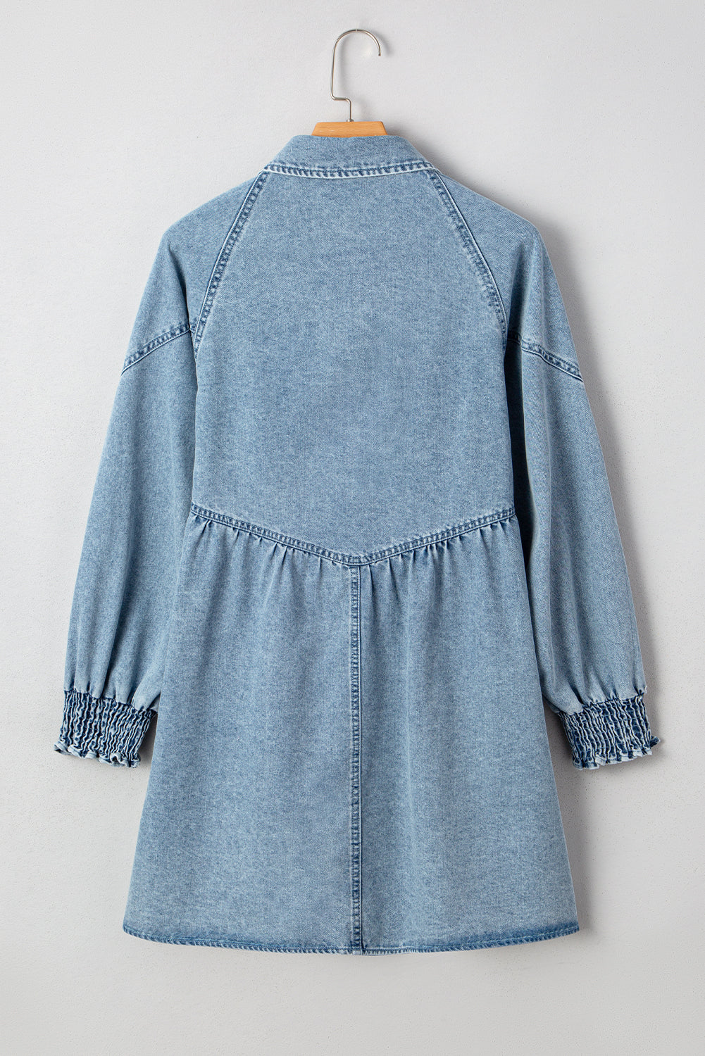 Molly Smocked Cuffs Flared Denim Shirt Mini Dress - Threaded Pear