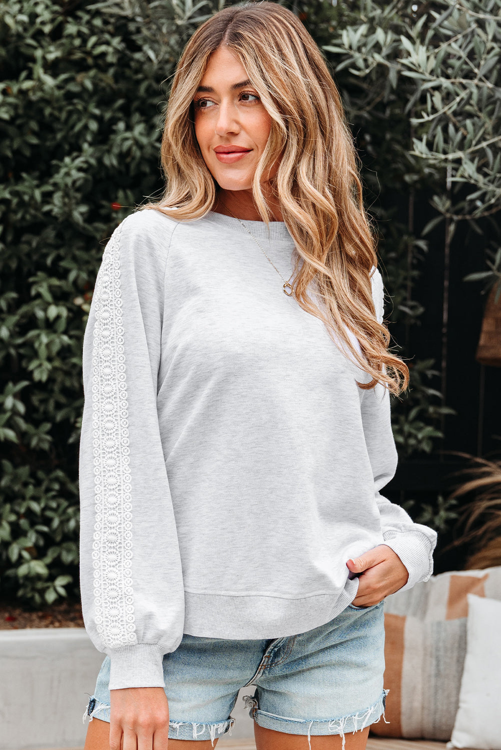 Peyton Lace Patchwork Raglan Sleeve Crew Neck Sweatshirt - Threaded Pear